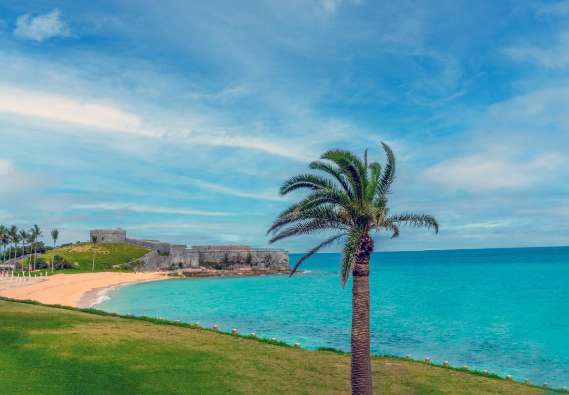 Palm tree and turquoise water overlooking the Royal Naval Dockyard in Bermuda with historic stone fort walls along the shoreline.