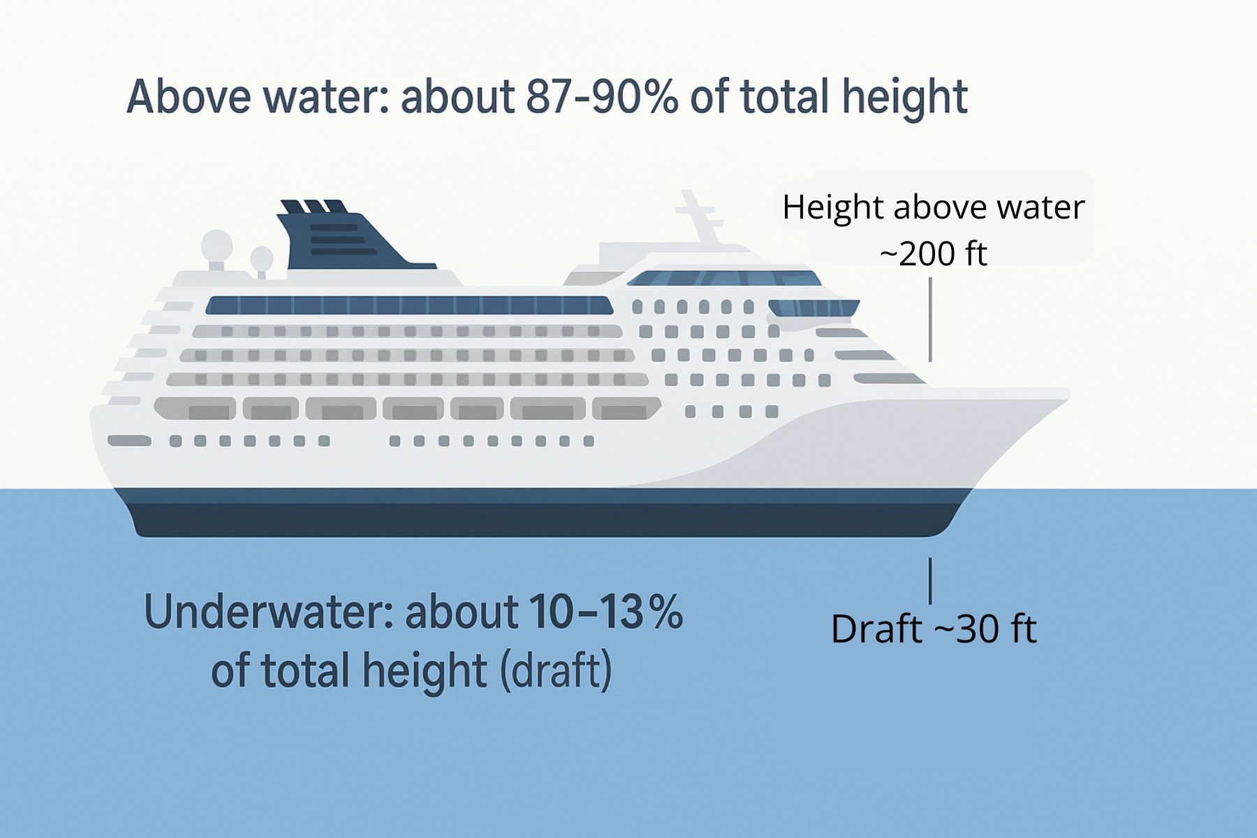 Side-view illustration of a modern cruise ship floating in the ocean, with labels indicating that roughly 10–13 percent of the ship’s total height is underwater with a draft of about 30 feet, about 87–90 percent is above the waterline, and the height above water is around 200 feet.
