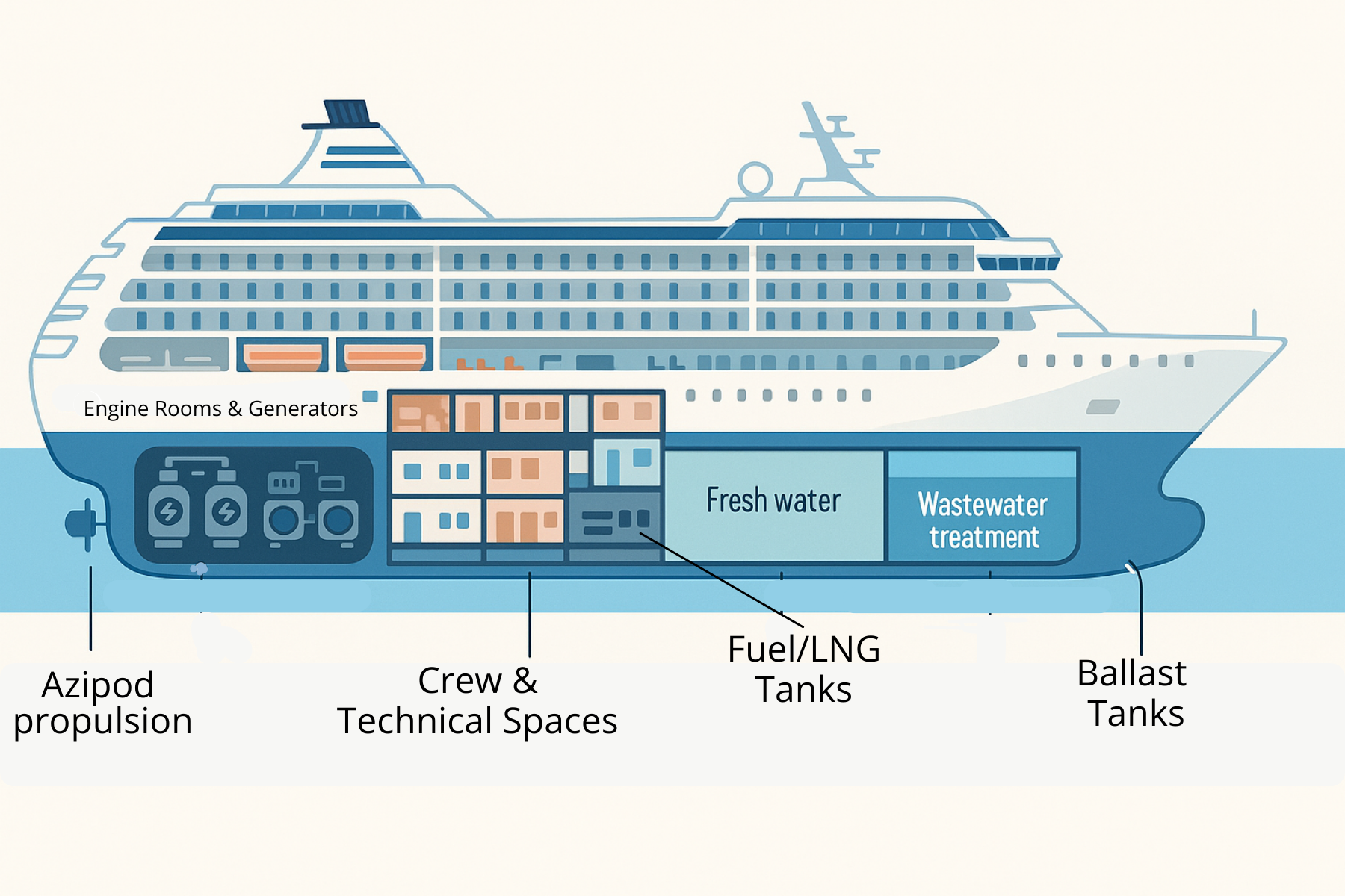 A cutaway illustration of a modern cruise ship showing what sits below the waterline. The diagram labels the engine rooms and generators near the stern, Azipod propulsion units below the hull, large fuel and LNG tanks in the lower center, crew and technical spaces above the machinery, freshwater tanks and wastewater treatment systems in the mid-hull, and ballast tanks along the bottom. Passenger decks are above the waterline.