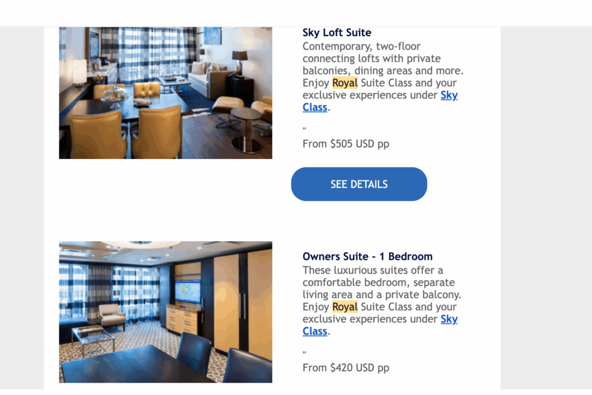 Royal Caribbean Royal Up screen displaying two premium stateroom options—a Sky Loft Suite and an Owner’s Suite—with blue ‘See Details’ buttons.