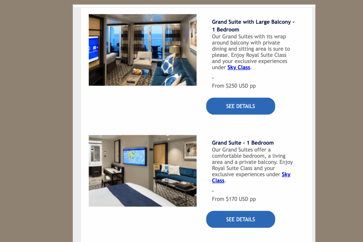 Screenshot from a Royal Caribbean Royal Up email showing Grand Suite upgrade offers with images, descriptions, and starting bid prices per person.