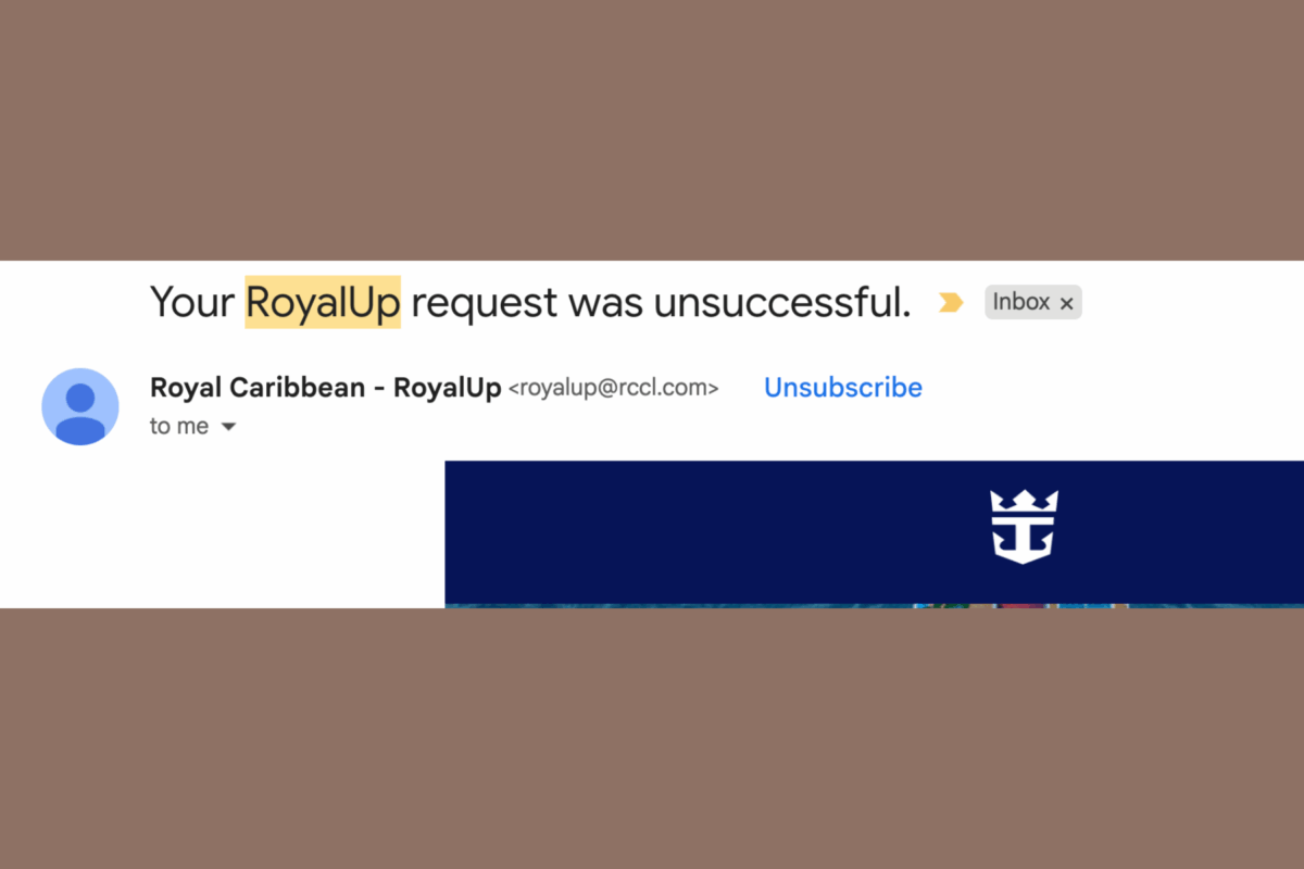 Royal Caribbean Royal Up notification email displaying the message that the guest’s upgrade bid was not accepted.