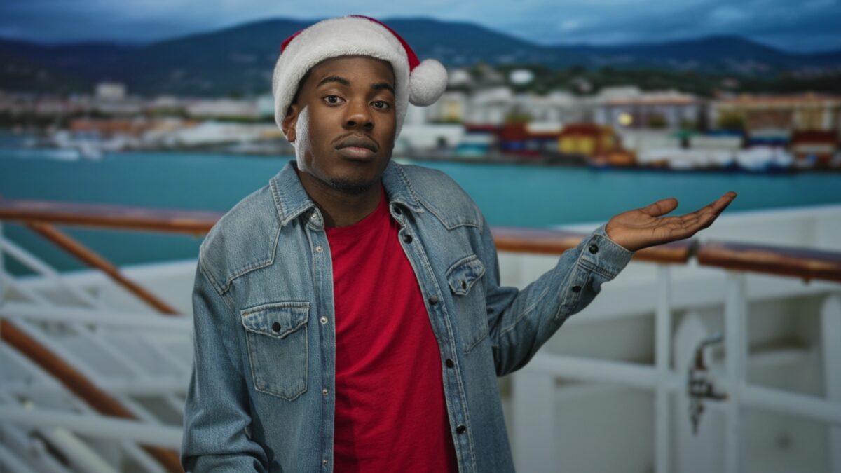 Holiday traveler wearing a Santa hat on a cruise ship, looking at the camera with a questioning shrug against a blurred harbor view.