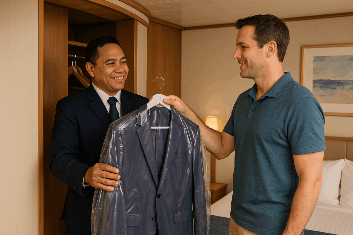 A cruise ship stateroom attendant in a dark suit handing a freshly pressed suit jacket, covered in a clear plastic garment bag, to a smiling guest inside a cabin.