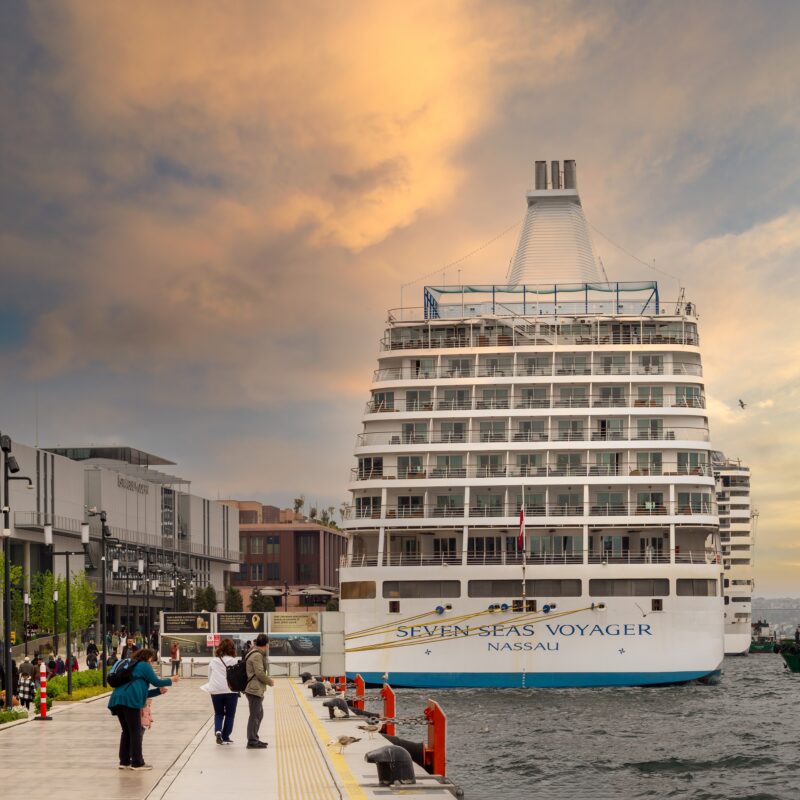 People stand near the dock as Seven Seas Voyager (a favorite for luxury family cruises) sits moored beside the pier, with the ship name visible across the stern.